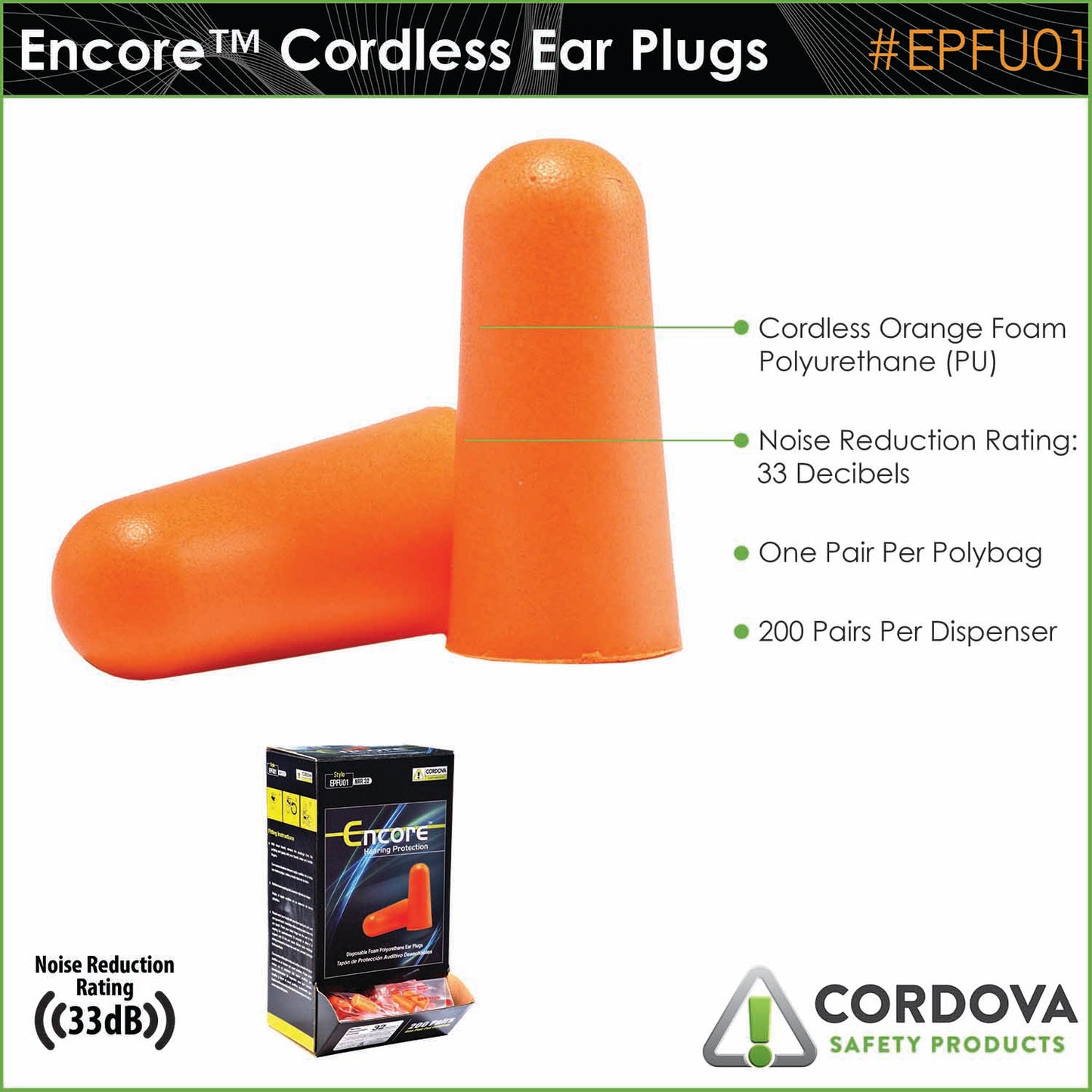 Ear Plugs, Encore™, Disposable, Foam, Industrial
